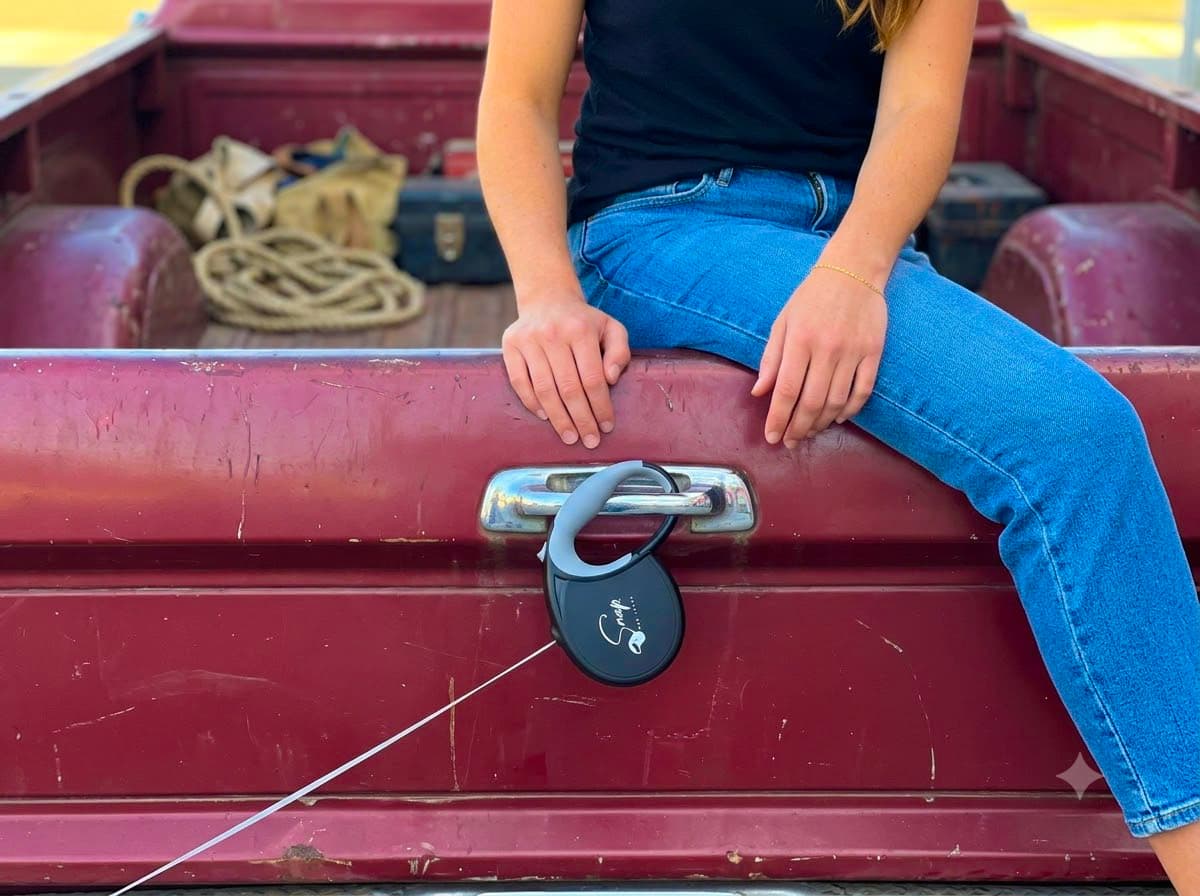 Hands-free dog leash clipped to a tailgate at an outdoor event