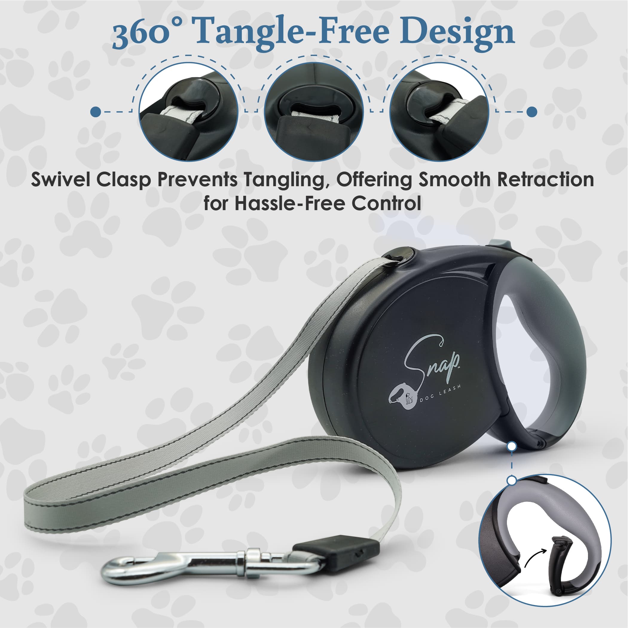 Retractable dog leash with carabiner-style spring clip detail