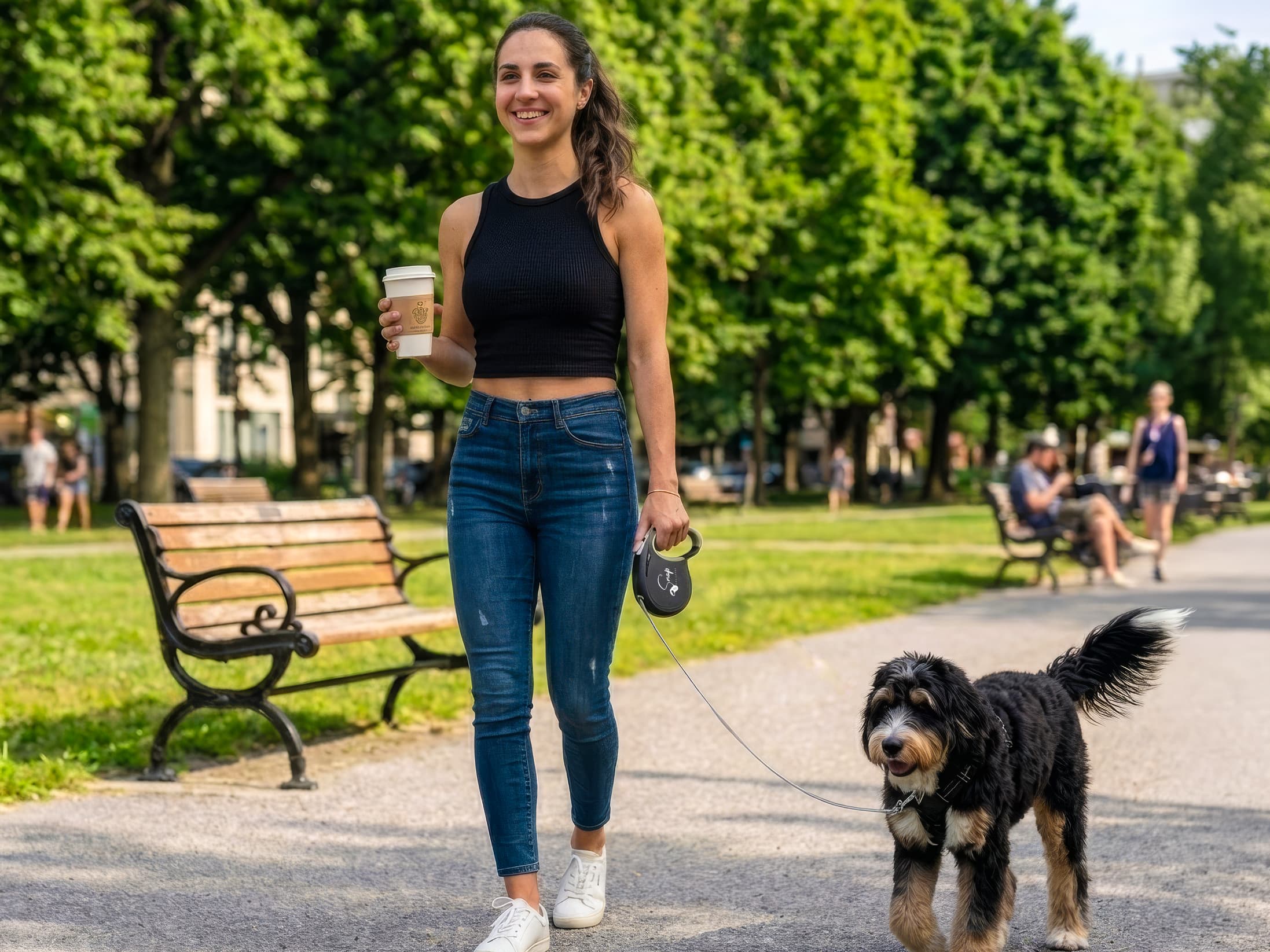 Woman walking her dog down a park path with a coffee in hand, using the Snap Dog Leash retractable dog leash with clip