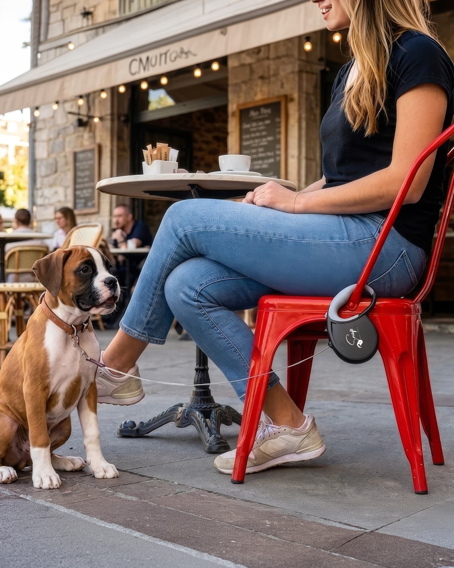 Snap Dog Leash retractable dog leash with built-in clip snapped to a chair