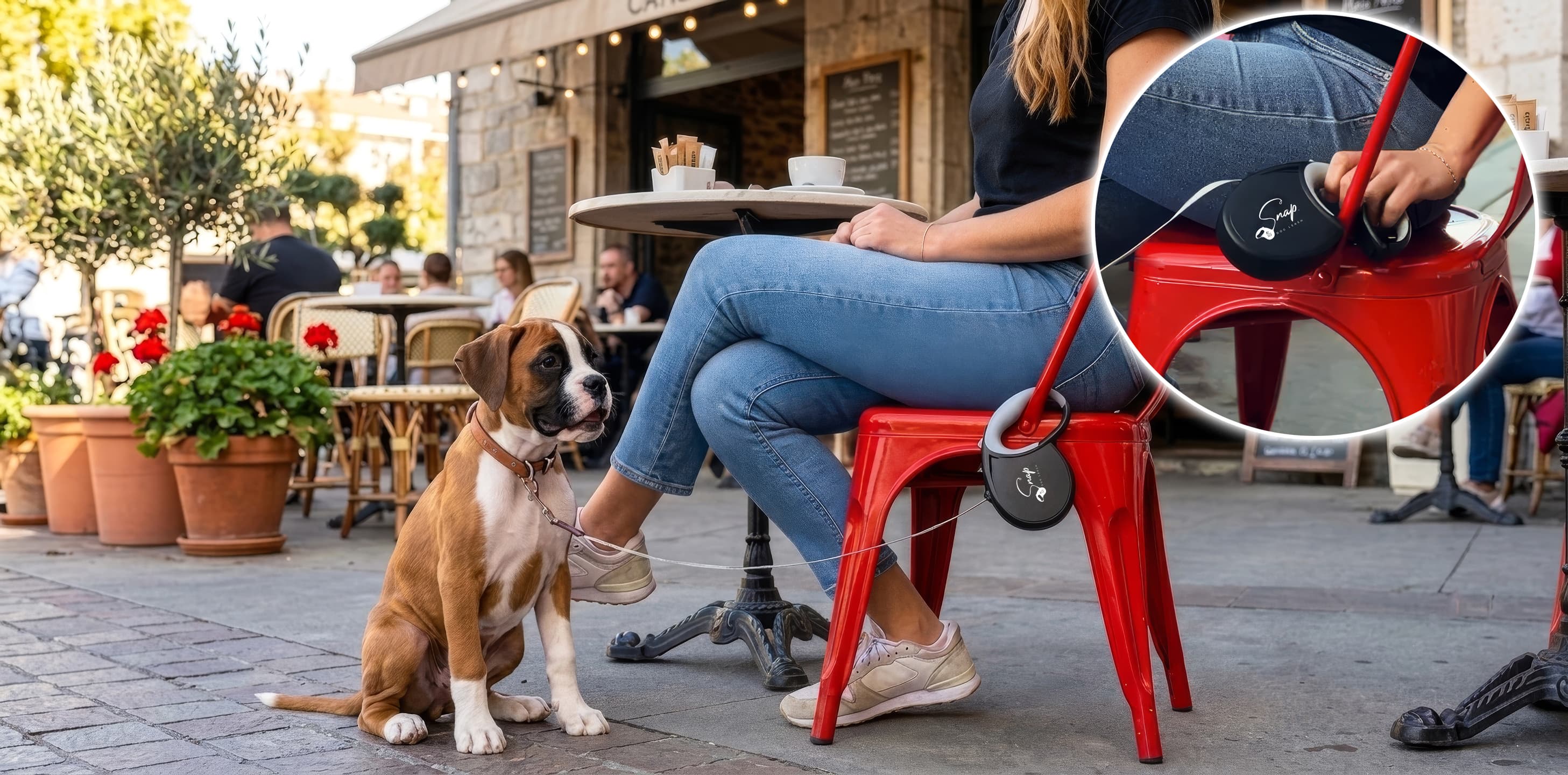 Snap Dog Leash retractable dog leash with built-in clip snapped to a chair